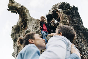 Smiling girl standing on tree trunk with parents in park - ASGF01711