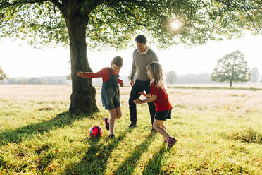 Geschwister spielen mit Vater im Park an einem sonnigen Tag - ASGF01753
