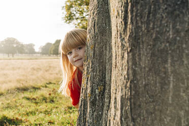 Girl hiding behind tree in park - ASGF01766