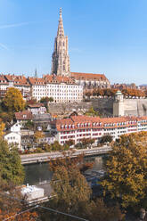 Bell tower and buildings in city at Bern, Switzerland - JAQF00930