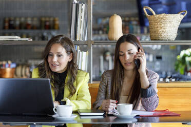 Mitarbeiter mit Laptop und Smartphone bei der Arbeit am Kaffeetisch - IFRF01242