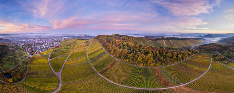 Germany, Baden-Wurttemberg, Korb, Drone panorama of autumn vineyards in Remstal - STSF03113