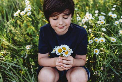 Junge hält einen Strauß Gänseblümchen in einem Blumenfeld. - CAVF95305