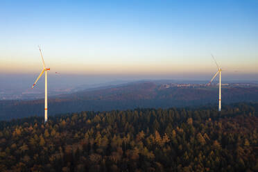 Luftaufnahme eines Windparks im bewaldeten Schurwald in der Abenddämmerung - WDF06675