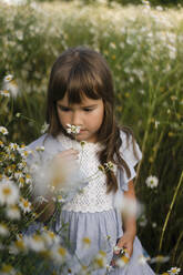 Curious girl smelling flower in meadow - SSGF00280