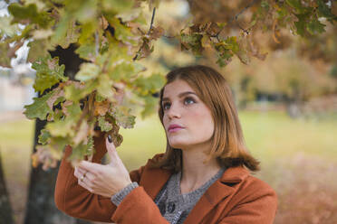 Beautiful woman examining leaves in park - MGIF01117