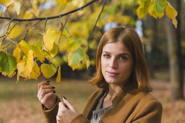 Beautiful woman by autumn tree in park on sunny day - MGIF01133