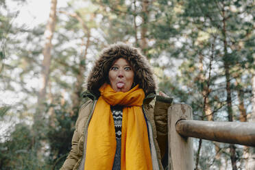Frau mit Pelzmütze streckt ihre Zunge an einem Geländer im Wald heraus - MRRF01726