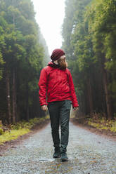 Young man walking on road amidst trees in forest - AFVF09263