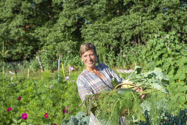 Woman collecting vegetables at organic farm - BFRF02373