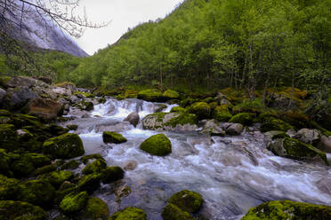 Cold water flows through a brook from the Briksdal glacier inside Jostedalsbreen National Park, Stryn, Vestland, Norway, Scandinavia, Europe - RHPLF20889