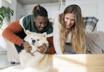 Lächelndes Paar mit Hund, das sich bückt und einen Laptop im Wohnzimmer benutzt - JCCMF04683