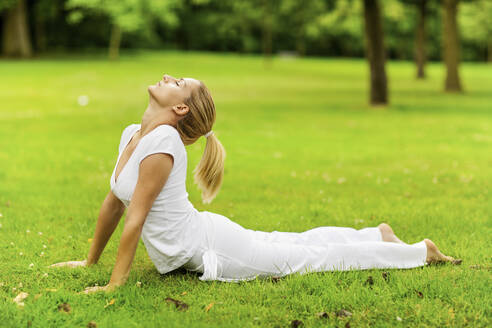 Junge flexible Frau übt Kobra-Pose im Park - MOMF00961