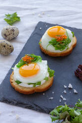 From above of appetizing canapes with crispy bread and fried quail eggs decorated with herbs and caviar served on gray board - ADSF31912