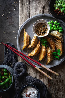 Gyozas with green beans and soy sauce with sesame seeds placed with chopsticks near bowls with spices and pea pods - ADSF32047