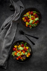 Studio shot of two bowls of vegan salad with baked vegetables - LVF09168