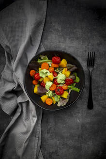Studioaufnahme einer Schüssel mit veganem Salat und gebackenem Gemüse - LVF09171