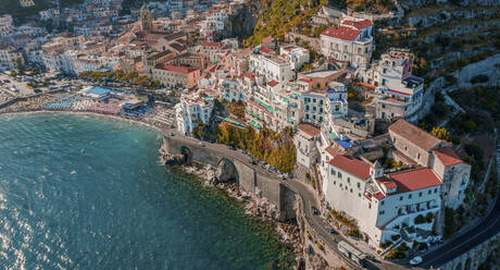 Aerial view of Amalfi, a beautiful and touristic town along the Amalfi coastline, Salerno, Campania, italy. - AAEF13522