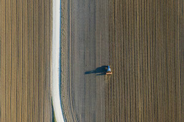 Luftaufnahme eines Traktors bei der Arbeit auf einem landwirtschaftlichen Feld bei Sonnenuntergang in der Nähe von Aquileia, Udine, Friaul-Julisch-Venetien, Italien. - AAEF13556