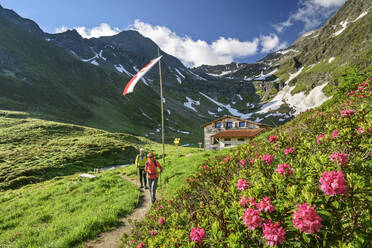 Mann und Frau wandern im Virgental im Frühling mit Bergerseehütte im Hintergrund - ANSF00090