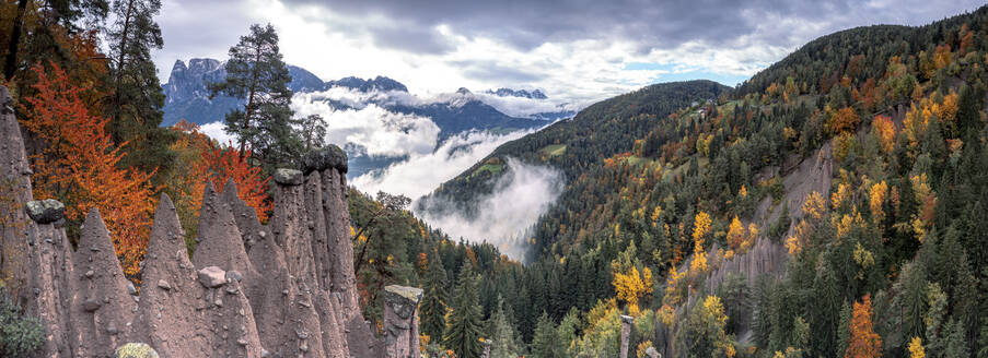 Mist over the earth pyramids and forest in autumn, Longomoso, Renon (Ritten), Bolzano, South Tyrol, Italy, Europe - RHPLF20943