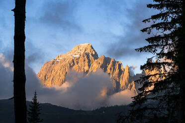 Popera group mountains at sunrise viewed from Passo Monte Croce di Comelico, Sesto Dolomites, South Tyrol, Italy, Europe - RHPLF20945