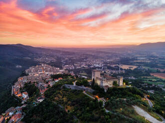 Cityscape of Narni at sunrise, with the fortress at the front and the old town beyond, Narni, Umbria, Italy, Europe - RHPLF20993