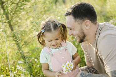 Glücklicher Vater sieht seine Tochter an, die Gänseblümchen inmitten von Pflanzen hält - SEAF00197