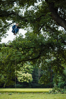 Geschäftsmann hängt mit einem Seil an einem Baum und benutzt ein digitales Tablet in einem öffentlichen Park - GUSF06523