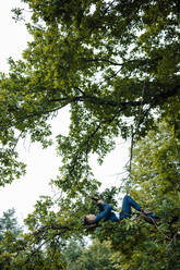 Businessman tied up with rope relaxing on tree branch using mobile phone - GUSF06536