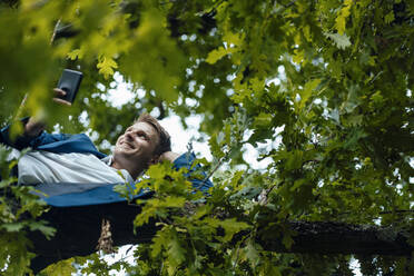 Smiling businessman holding smart phone lying on tree branch - GUSF06542