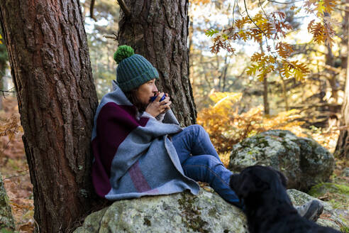 Woman wrapped in blanket drinking coffee sitting on rock by dog at forest - MRRF01737