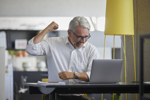 Geschäftsmann jubelt bei einem Videogespräch über einen Laptop am Arbeitsplatz - RBF08416