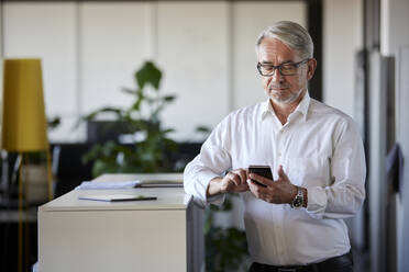 Mature businessman using mobile phone at counter in office - RBF08434