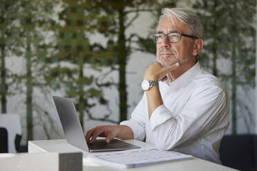 Contemplating businessman working on laptop in office - RBF08454