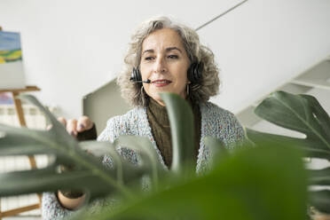 Senior businesswoman with headphones touching plant leaf at home - JCCMF04760