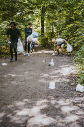 Young female and male volunteers plogging at park - MASF27324