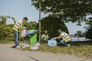 Männliche und weibliche Freiwillige, die im Park Plastik einsammeln - MASF27332