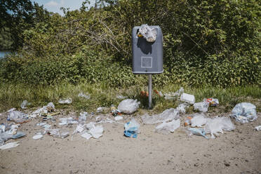 Mülltonne mit Plastikabfällen im Park verstreut - MASF27334