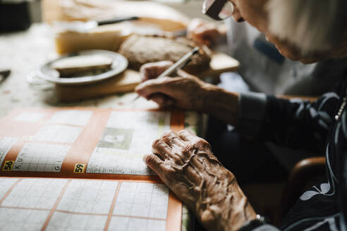 Ausgeschnittenes Bild einer älteren Frau, die zu Hause ein Kreuzworträtsel in einem Buch löst - MASF27646