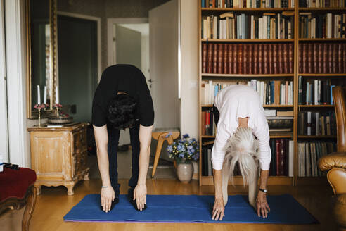 Male caregiver and senior woman doing stretching exercise at home - MASF27726