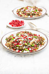 Studio shot of two plates of quinoa salad with feta cheese, pomegranate seeds and cashews - LVF09174