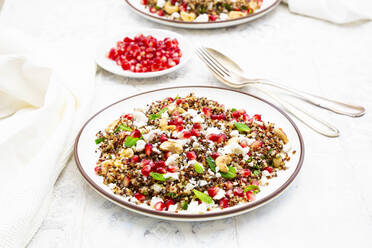 Studio shot of plate of quinoa salad with feta cheese, pomegranate seeds and cashews - LVF09175