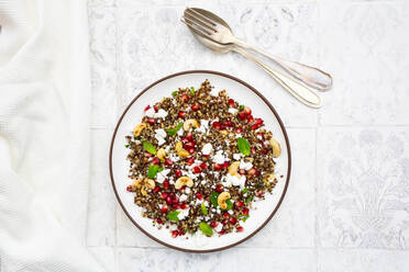 Studio shot of plate of quinoa salad with feta cheese, pomegranate seeds and cashews - LVF09176