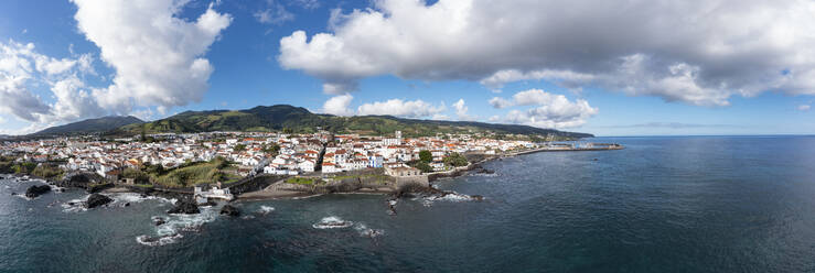 Portugal, Azores, Vila Franca do Campo, Drone panorama of clouds over town on southern edge of Sao Miguel Island - WWF05882