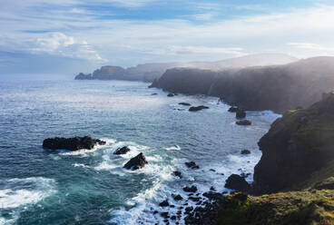 Portugal, Azores, Ribeira Grande, Drone view of cliffs of Sao Miguel Island - WWF05923