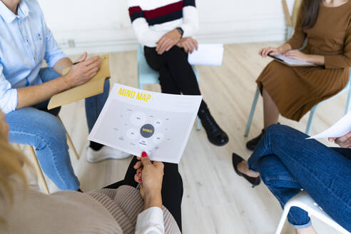 Businesswoman holding mind map document sitting with colleagues in office meeting - GIOF14567