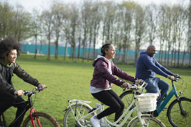 Glückliche Familie beim Fahrradfahren im Gras des Parks - CAIF31912