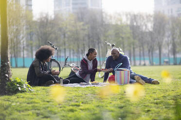 Vater und Kinder genießen ein Picknick im sonnigen Gras eines Stadtparks - CAIF31934