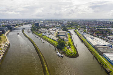 Germany, Bremen, Aerial view of Weser river canal and Hohentorshafen - TAMF03262